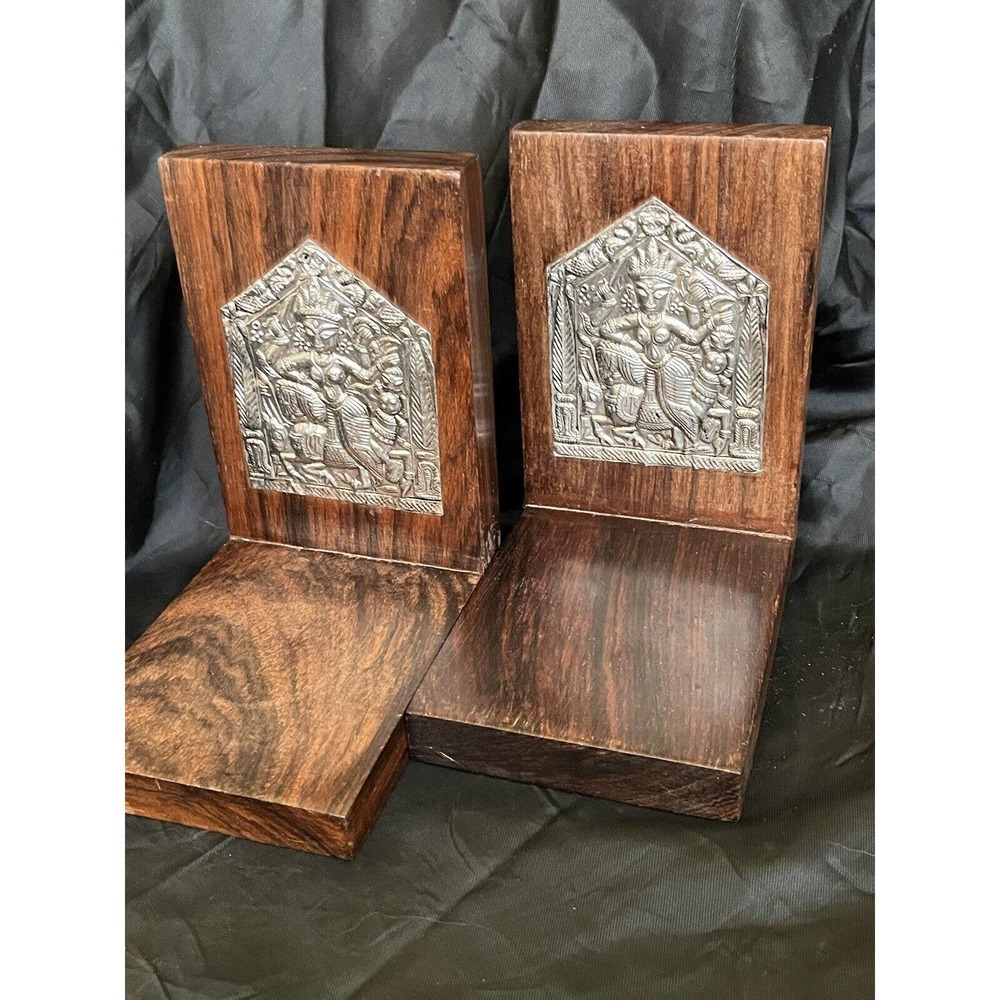 Vintage Indian Goddess Kali Repousse Art & Wood Bookends Indian Hindi Goddess 6"